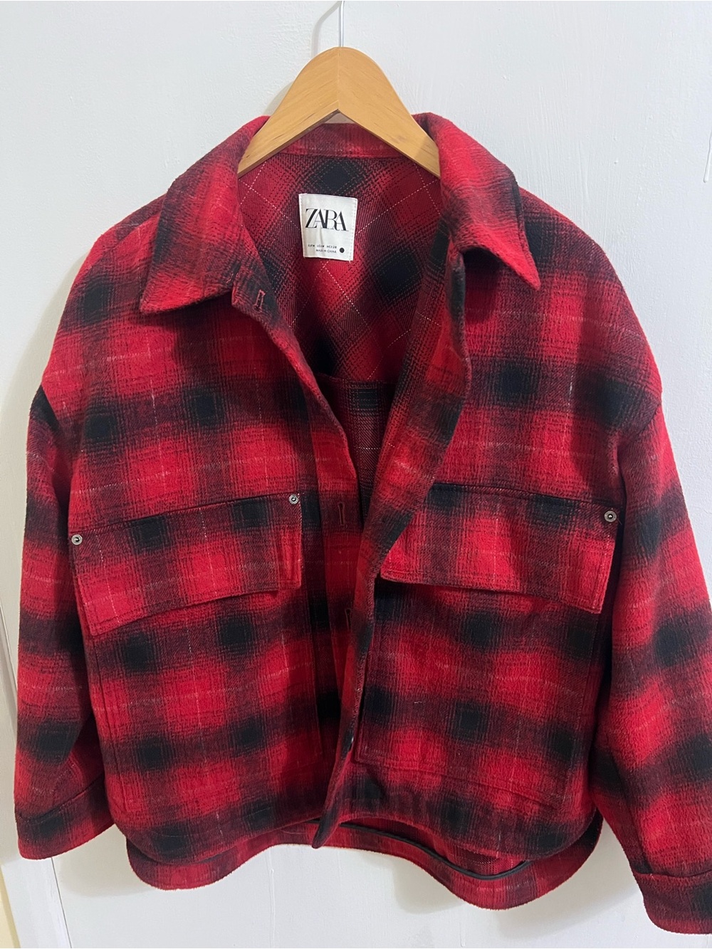 Zara Red and Black Plaid Shirt Jacket